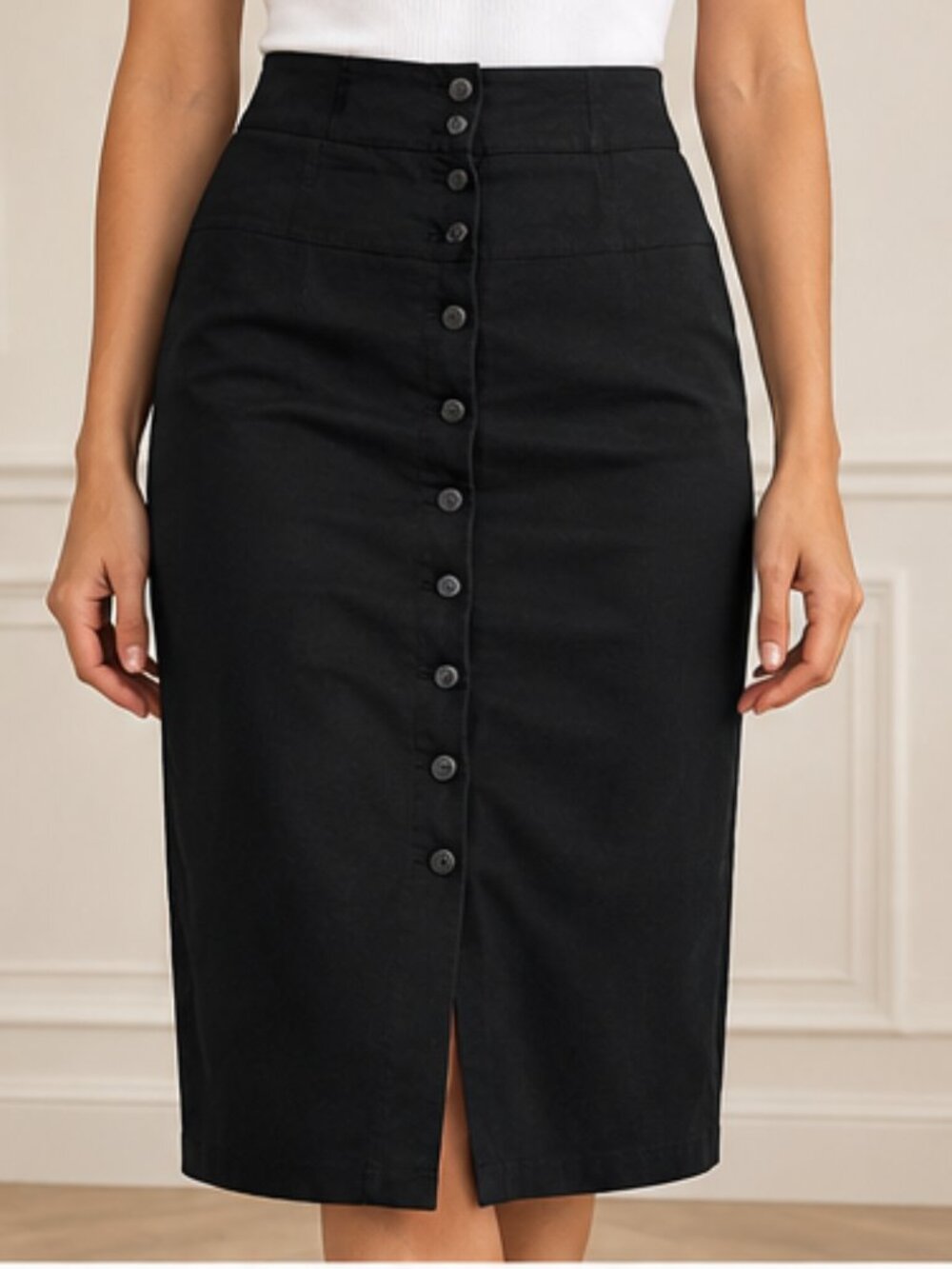 Women's Black Cotton Stretch Button Front Pencil Skirt Size US 8